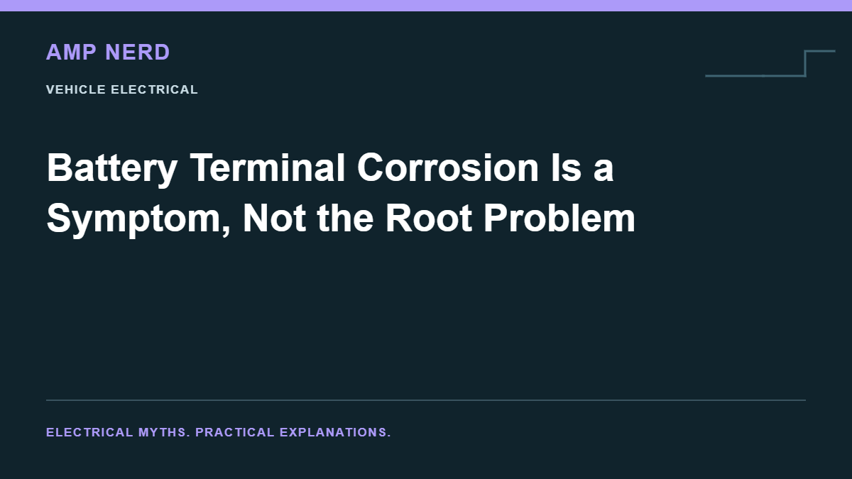 Amp Nerd article cover: Battery Terminal Corrosion Is a Symptom, Not the Root Problem